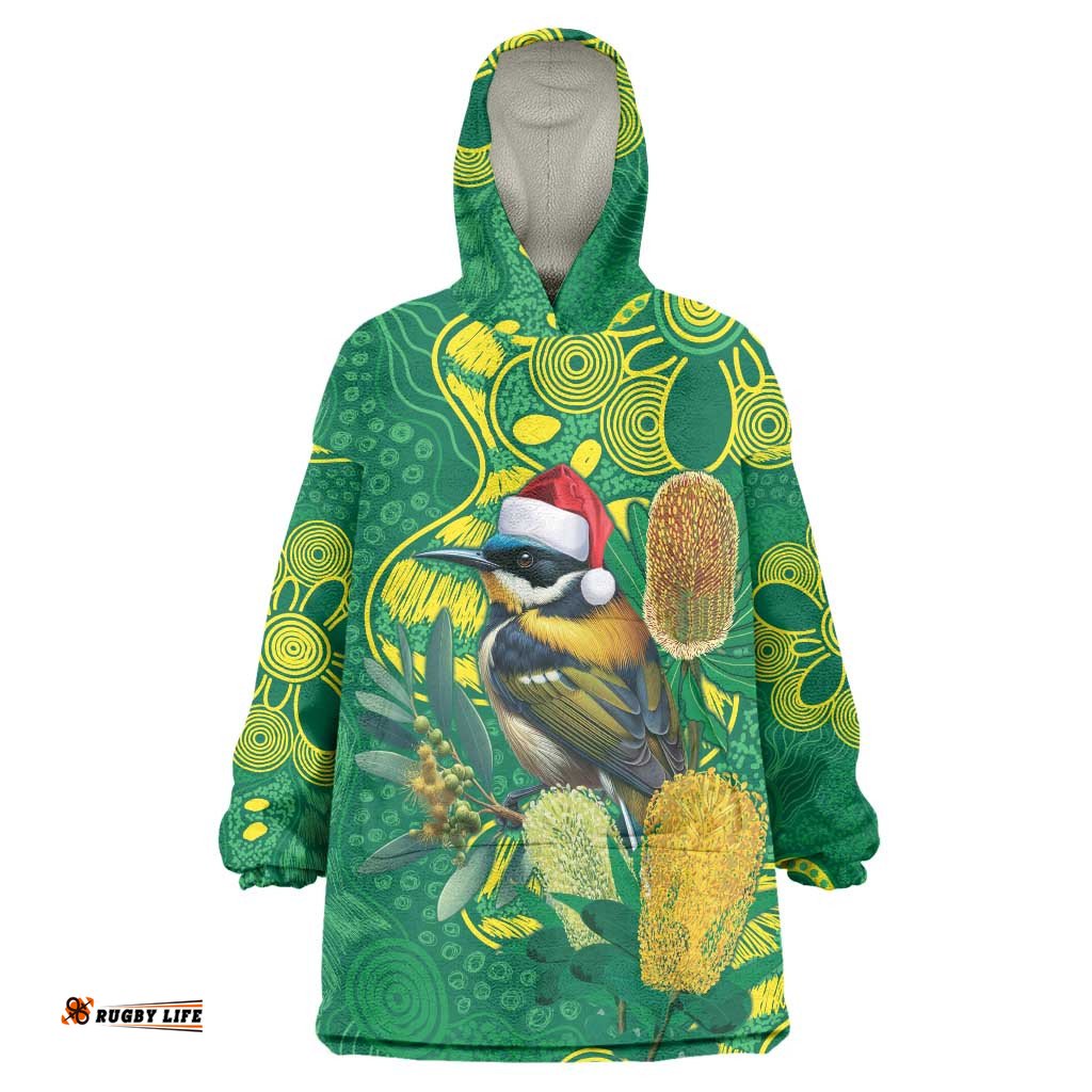 Aussie Honeyeaters Banksia Christmas Wearable Blanket Hoodie Aboriginal Dots Painting Green Motif LT9