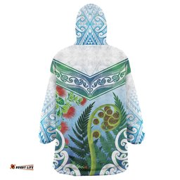 Aotearoa New Zealand Natural Plants Wearable Blanket Hoodie Pohutukawa with Silver Ferns Koru Frond Maori Tattoos LT03