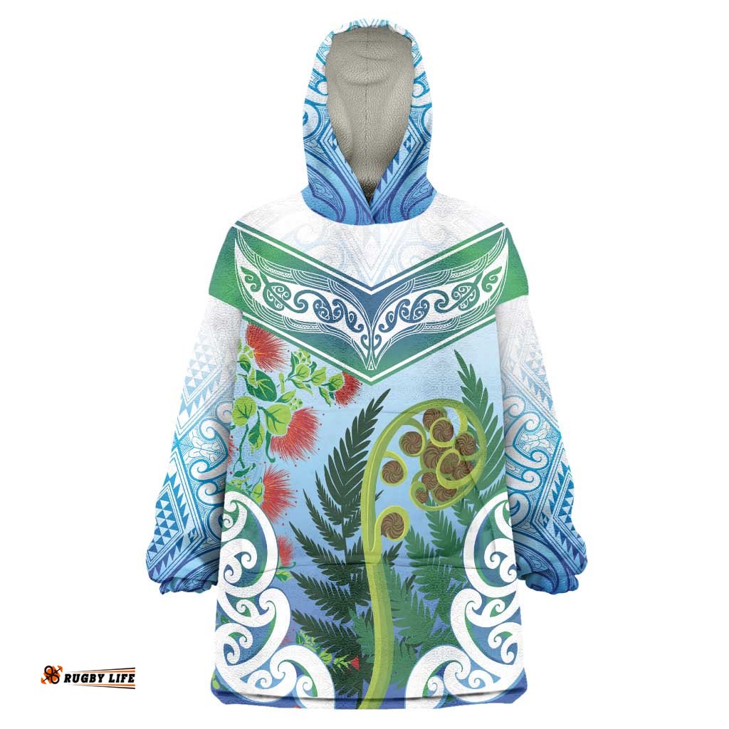 Aotearoa New Zealand Natural Plants Wearable Blanket Hoodie Pohutukawa with Silver Ferns Koru Frond Maori Tattoos LT03