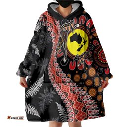 Aotearoa and Australia Wearable Blanket Hoodie Maori Koru Ferns With Aboriginal Kangaroo LT03