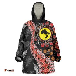 Aotearoa and Australia Wearable Blanket Hoodie Maori Koru Ferns With Aboriginal Kangaroo LT03