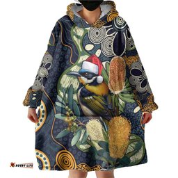 Aussie Honeyeaters Banksia Christmas Wearable Blanket Hoodie Aboriginal Dots Painting Blue Motif LT9