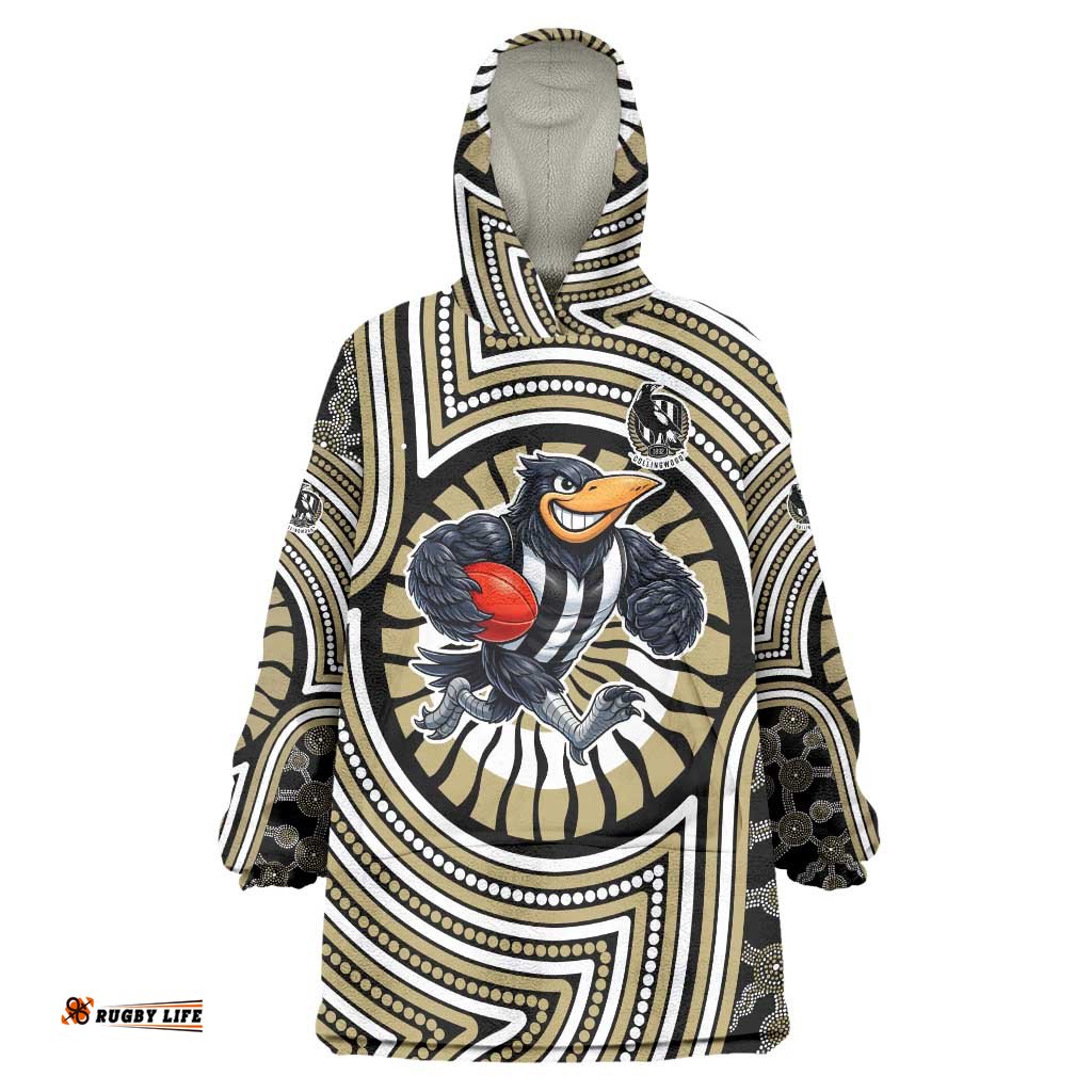 Collingwood Football Club Wearable Blanket Hoodie Indigenous Monochrome Dot Art Mascot Style TS04