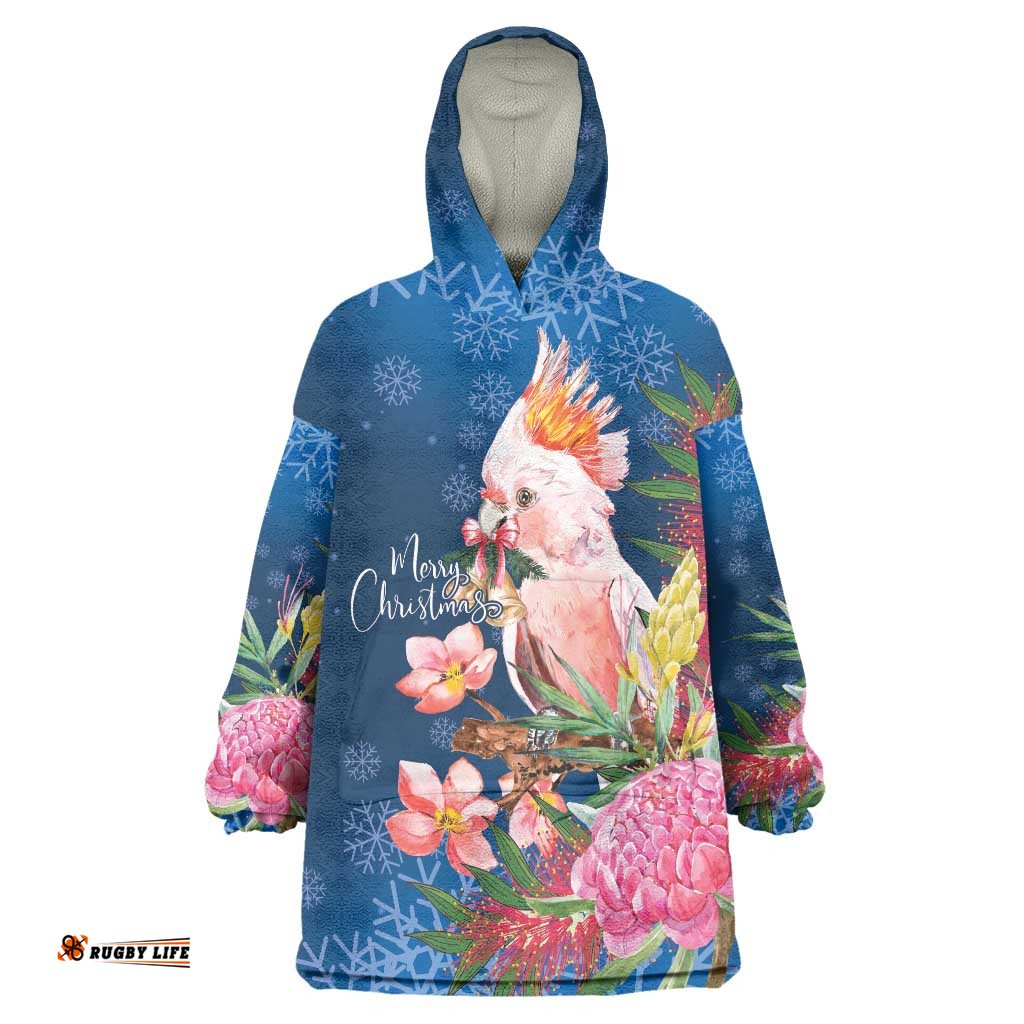 Australia Christmas Pink Cockatoo with Banksia Wearable Blanket Hoodie Snowy Blue LT7