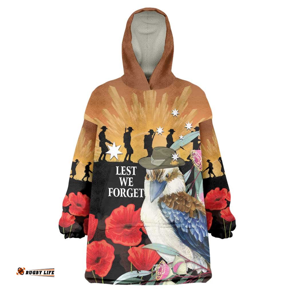 Australia Kookaburra ANZAC Day Wearable Blanket Hoodie Rising Sun 25th April Poppy Eucalyptus Blossoms LT14