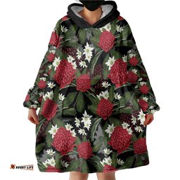 Australia Waratah Flannel Flower Wearable Blanket Hoodie Aussie Native Flowers Seamless Stylized LT14