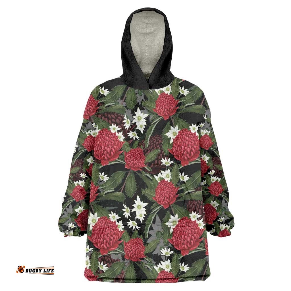 Australia Waratah Flannel Flower Wearable Blanket Hoodie Aussie Native Flowers Seamless Stylized LT14
