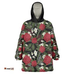 Australia Waratah Flannel Flower Wearable Blanket Hoodie Aussie Native Flowers Seamless Stylized LT14