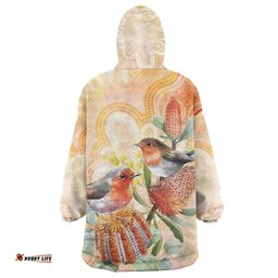 Australia Flame Robin Wearable Blanket Hoodie Petroica Phoenicea Banksia Indigenous Art LT14