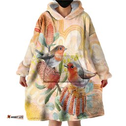 Australia Flame Robin Wearable Blanket Hoodie Petroica Phoenicea Banksia Indigenous Art LT14