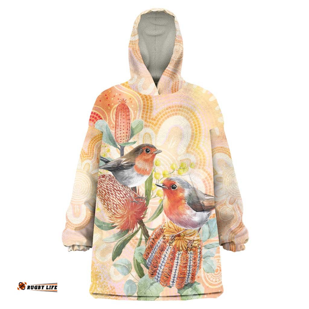 Australia Flame Robin Wearable Blanket Hoodie Petroica Phoenicea Banksia Indigenous Art LT14