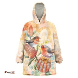 Australia Flame Robin Wearable Blanket Hoodie Petroica Phoenicea Banksia Indigenous Art LT14