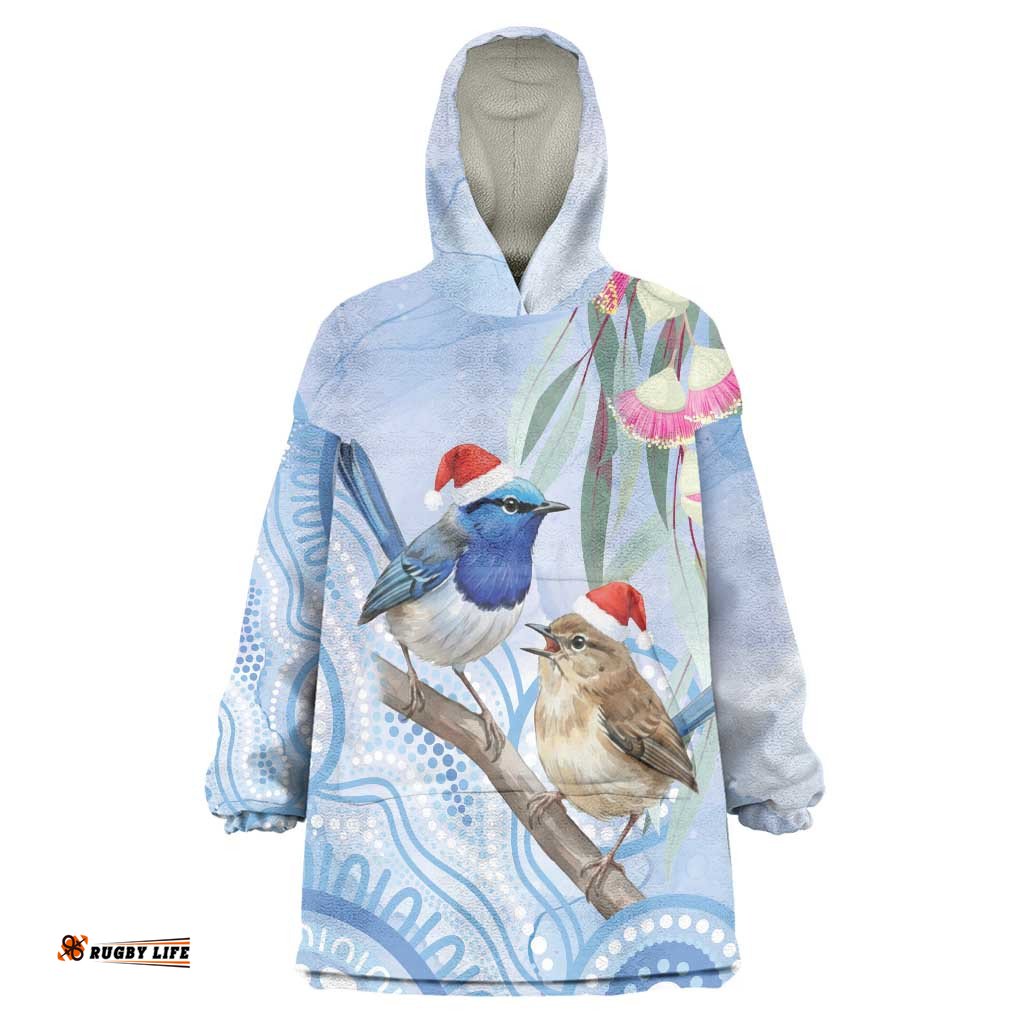 Australia Superb Fairywren Christmas Wearable Blanket Hoodie Aboriginal Eucalyptus Blossoms Watercolor LT14