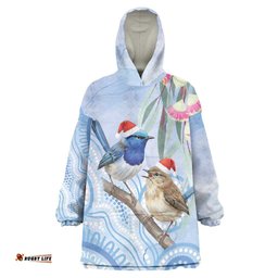 Australia Superb Fairywren Christmas Wearable Blanket Hoodie Aboriginal Eucalyptus Blossoms Watercolor LT14