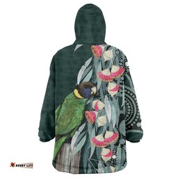Australian Ringneck Parrot Wearable Blanket Hoodie Barnardius Zonarius Eucalyptus Flowers Aboriginal Art LT14