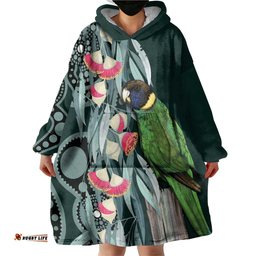 Australian Ringneck Parrot Wearable Blanket Hoodie Barnardius Zonarius Eucalyptus Flowers Aboriginal Art LT14