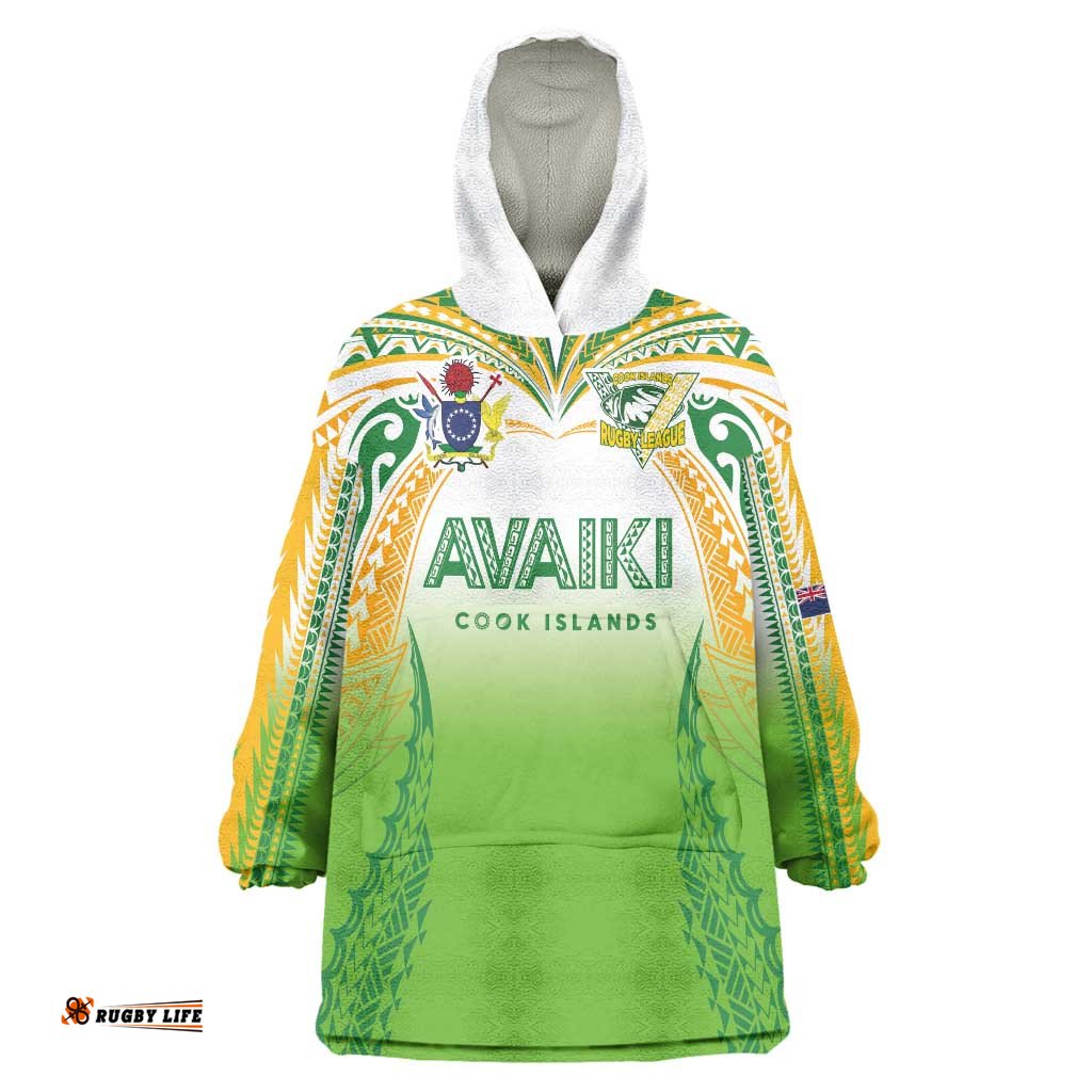 Custom Cook Islands Rugby League Wearable Blanket Hoodie Avaiki Tatau Tribal Motifs White Color LT03