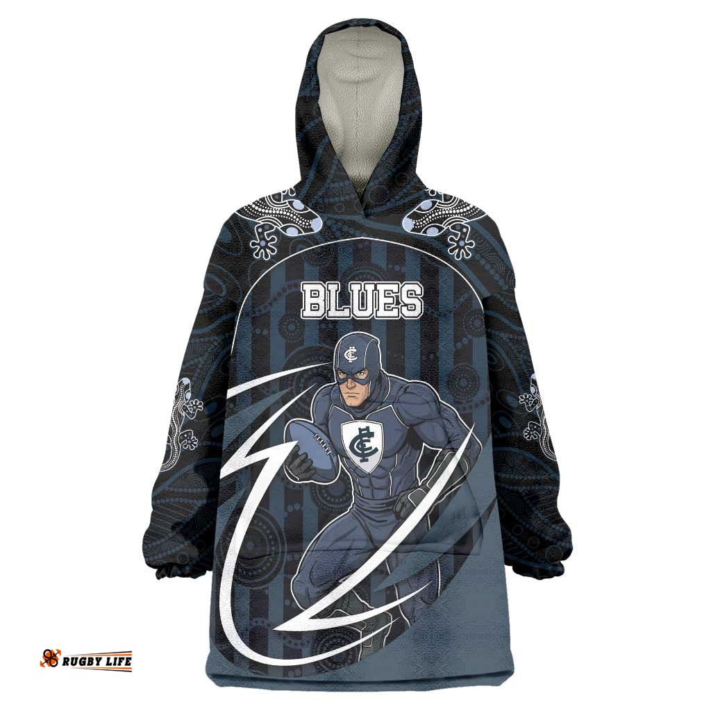 Custom Carlton Navy Wearable Blanket Hoodie Captain With Aboriginal Art DT05