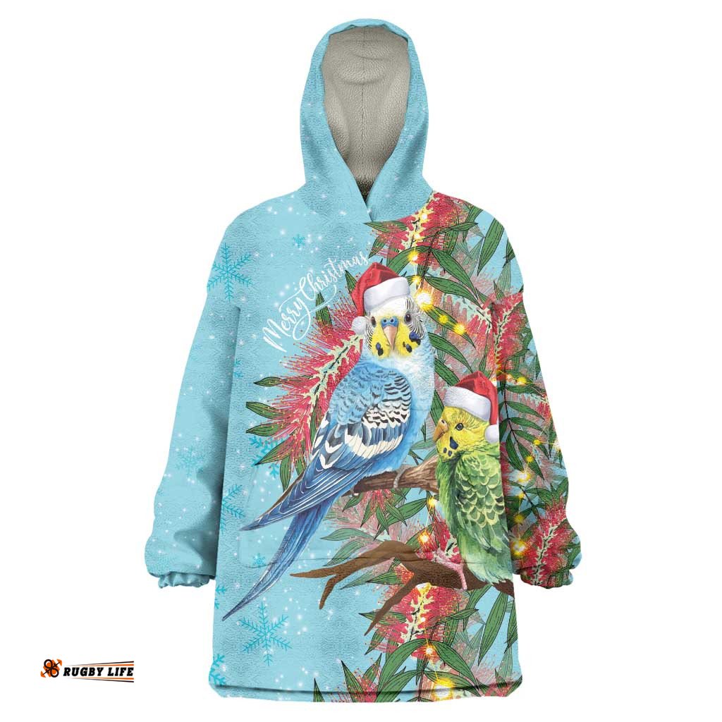 Blue Budgies on Callistemon Wearable Blanket Hoodie Merry Christmas Aussie LT7