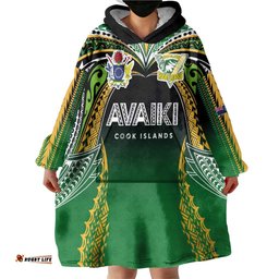 Custom Cook Islands Rugby League Wearable Blanket Hoodie Avaiki Tatau Tribal Motifs Black Color LT03