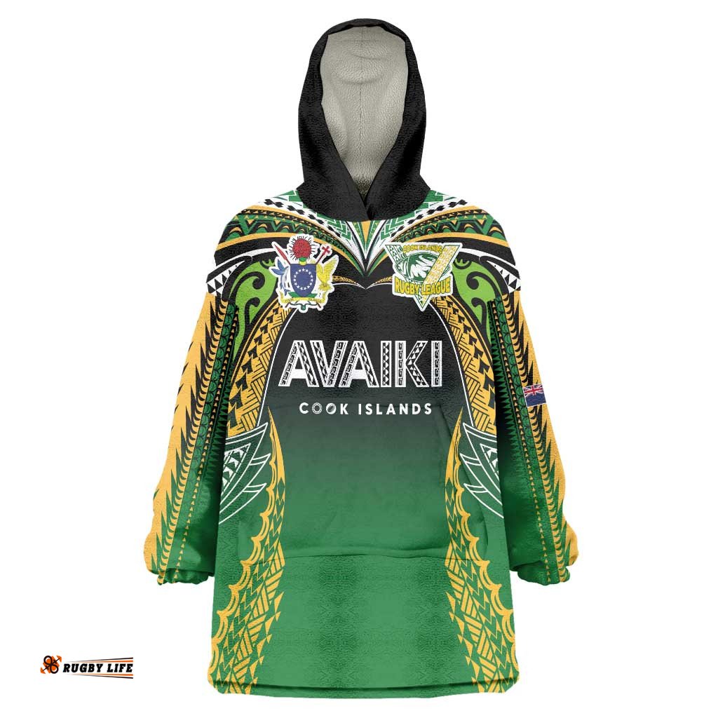Custom Cook Islands Rugby League Wearable Blanket Hoodie Avaiki Tatau Tribal Motifs Black Color LT03
