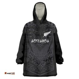 Custom Aotearoa Rugby Wearable Blanket Hoodie The Blacks-Sporty T90 Style LT03