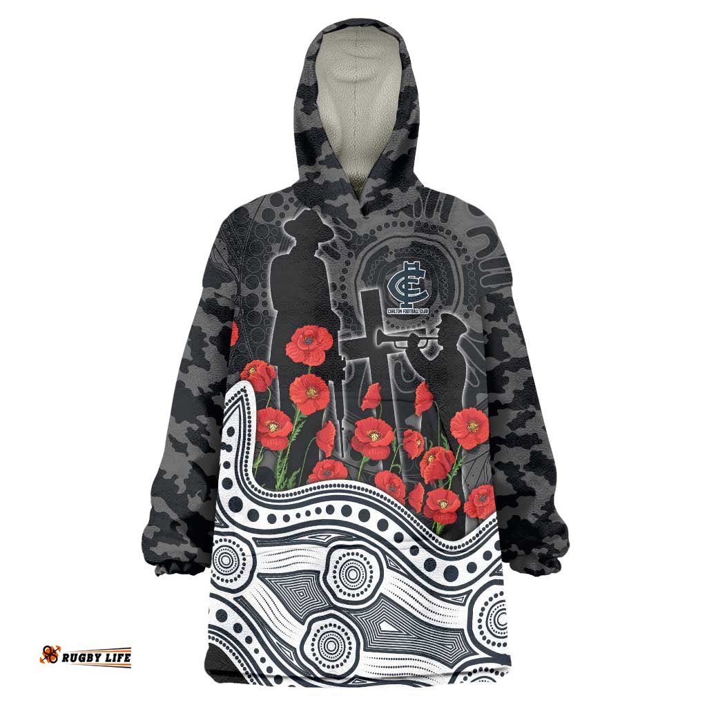 Carlton Blues ANZAC Day Wearable Blanket Hoodie Indigenous Dot Art with Poppy Flower Tribute TS04