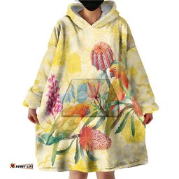 Birds and Floral Aussie Lorikeet Wearable Blanket Hoodie Pastel Yellow LT7