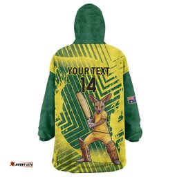 Custom Australia Cricket Wearable Blanket Hoodie Aussie Baggy Greens - Kangaroo Mascot Style LT14