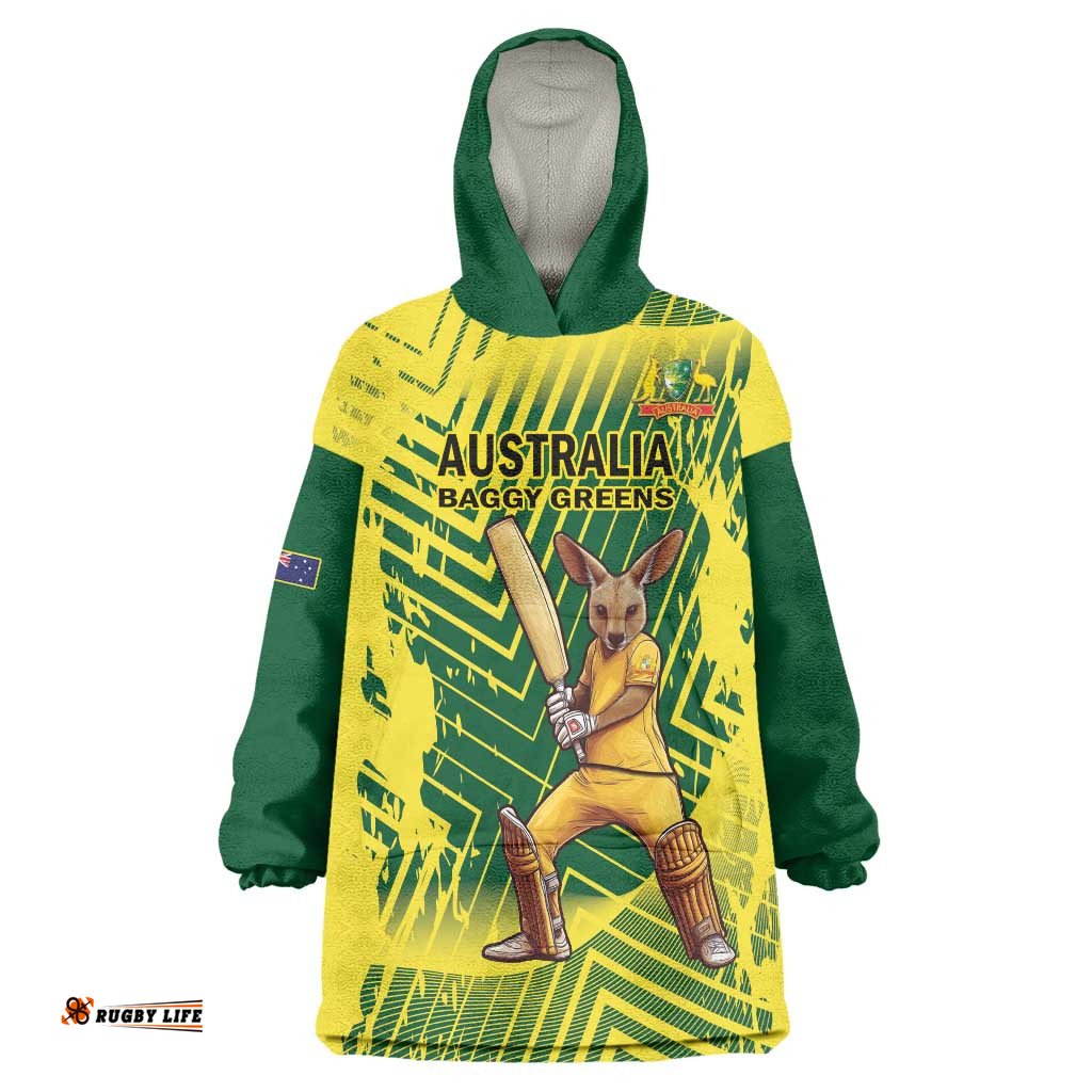 Custom Australia Cricket Wearable Blanket Hoodie Aussie Baggy Greens - Kangaroo Mascot Style LT14