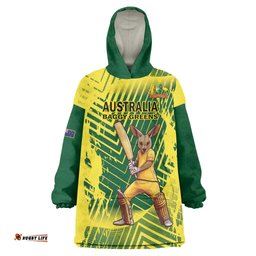 Custom Australia Cricket Wearable Blanket Hoodie Aussie Baggy Greens - Kangaroo Mascot Style LT14