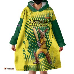 Custom Australia Cricket Wearable Blanket Hoodie Aussie Baggy Greens - Kangaroo Mascot Style LT14