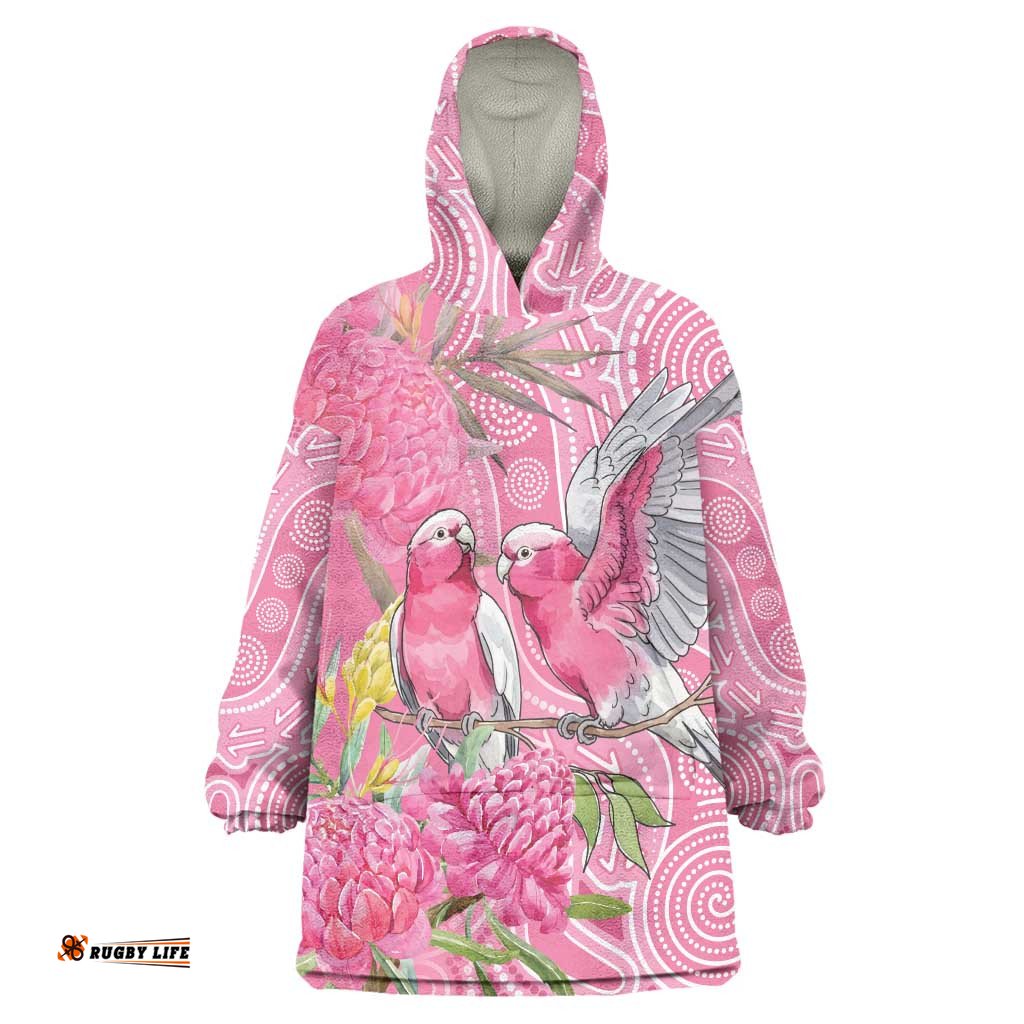 Australia Pink Galah Wearable Blanket Hoodie Rose-breasted Cockatoo Waratah Indigenous Art LT14