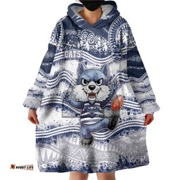 Custom Geelong Navy Wearable Blanket Hoodie Playful Cat Kicking Ball DT05