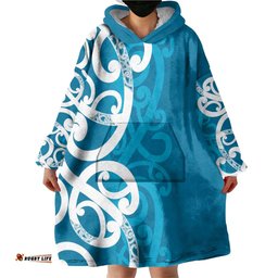 Azure Blue Maori Wearable Blanket Hoodie Koru Kowhaiwhai LT7