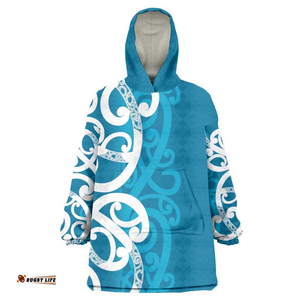 Azure Blue Maori Wearable Blanket Hoodie Koru Kowhaiwhai LT7