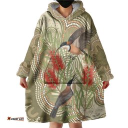 Australia Eastern Spinebill Wearable Blanket Hoodie Aussie Honeyeater Bottlebrush Indigenous Art LT14