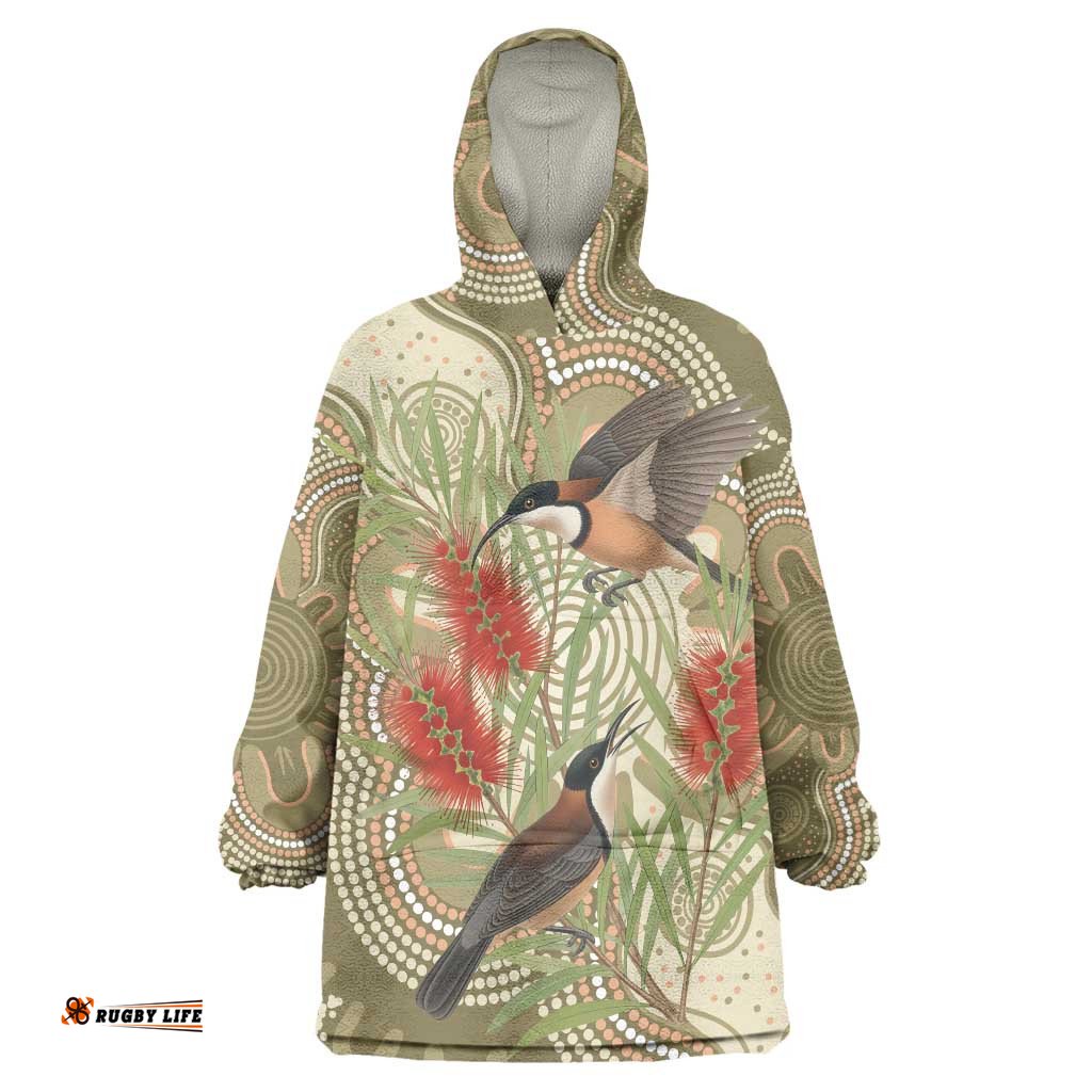 Australia Eastern Spinebill Wearable Blanket Hoodie Aussie Honeyeater Bottlebrush Indigenous Art LT14