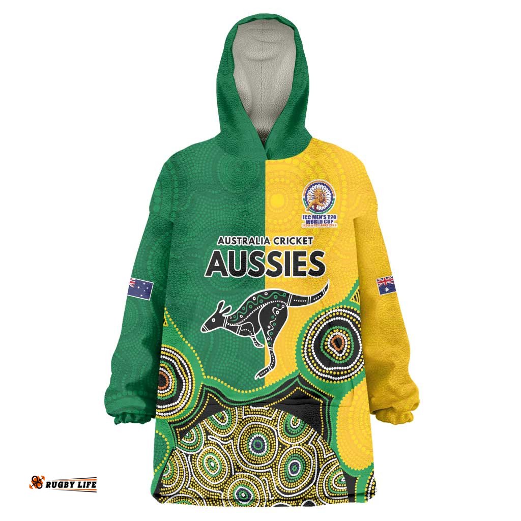 Custom Australia Cricket Spirit 2026 Wearable Blanket Hoodie World T20 Edition - Aussie Color Aboriginal Motif LT9