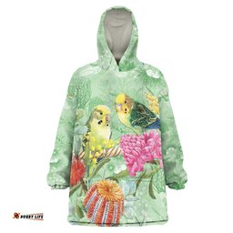 Birds and Floral Aussie Budgerigars Wearable Blanket Hoodie Mint Opal LT7