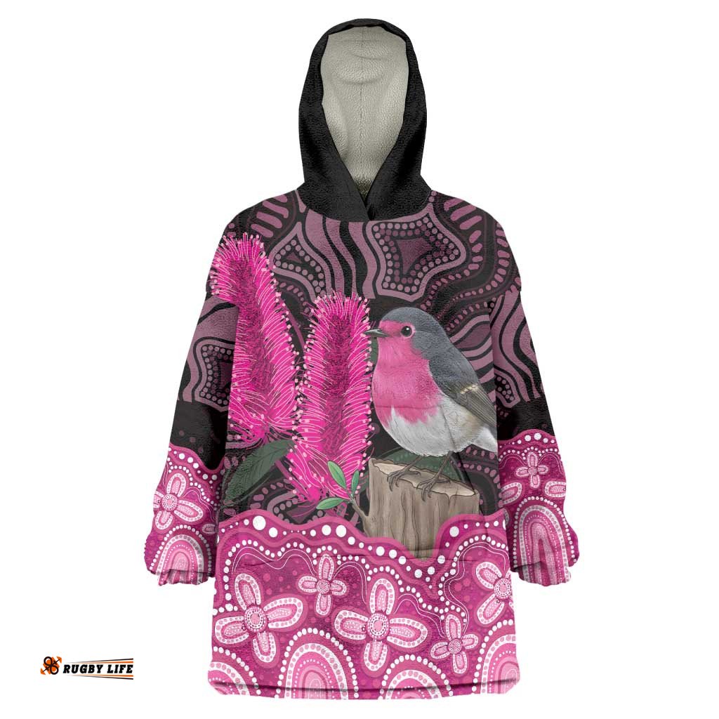 Australia Indigenous Wearable Blanket Hoodie Breast Cancer Pink Robin Bottlebrush Aboriginal Art LT14