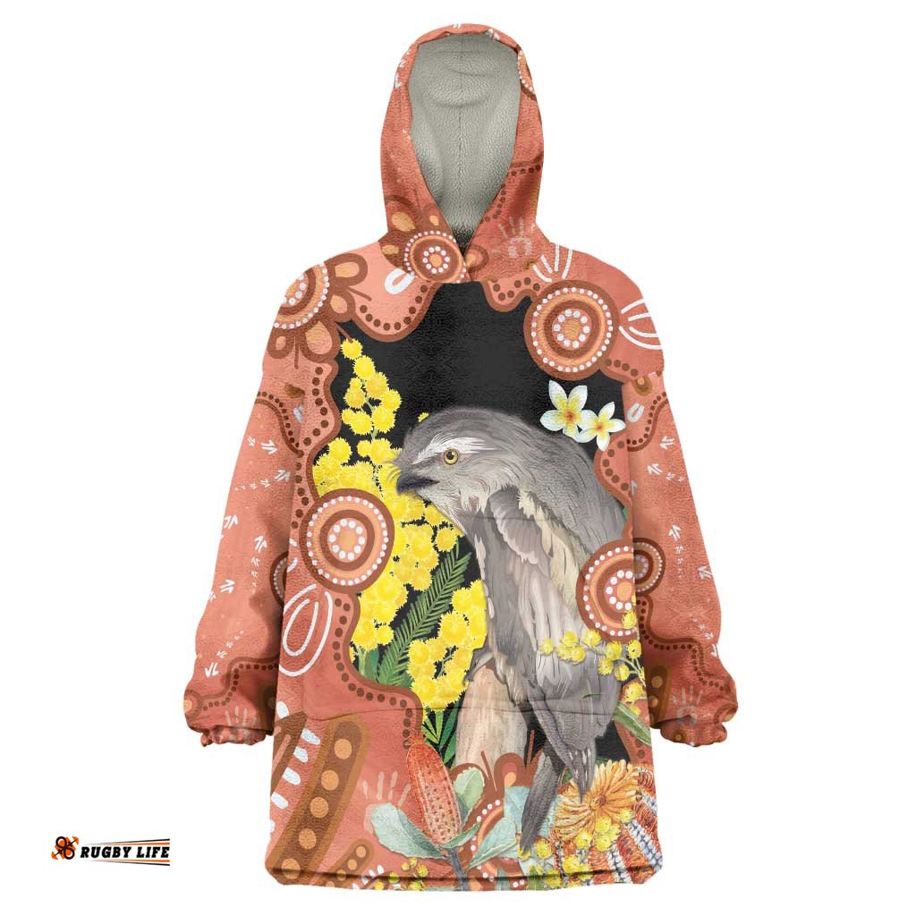 Australia Tawny Frogmouth Wearable Blanket Hoodie Golden Wattle Banksia Aboriginal Art LT14