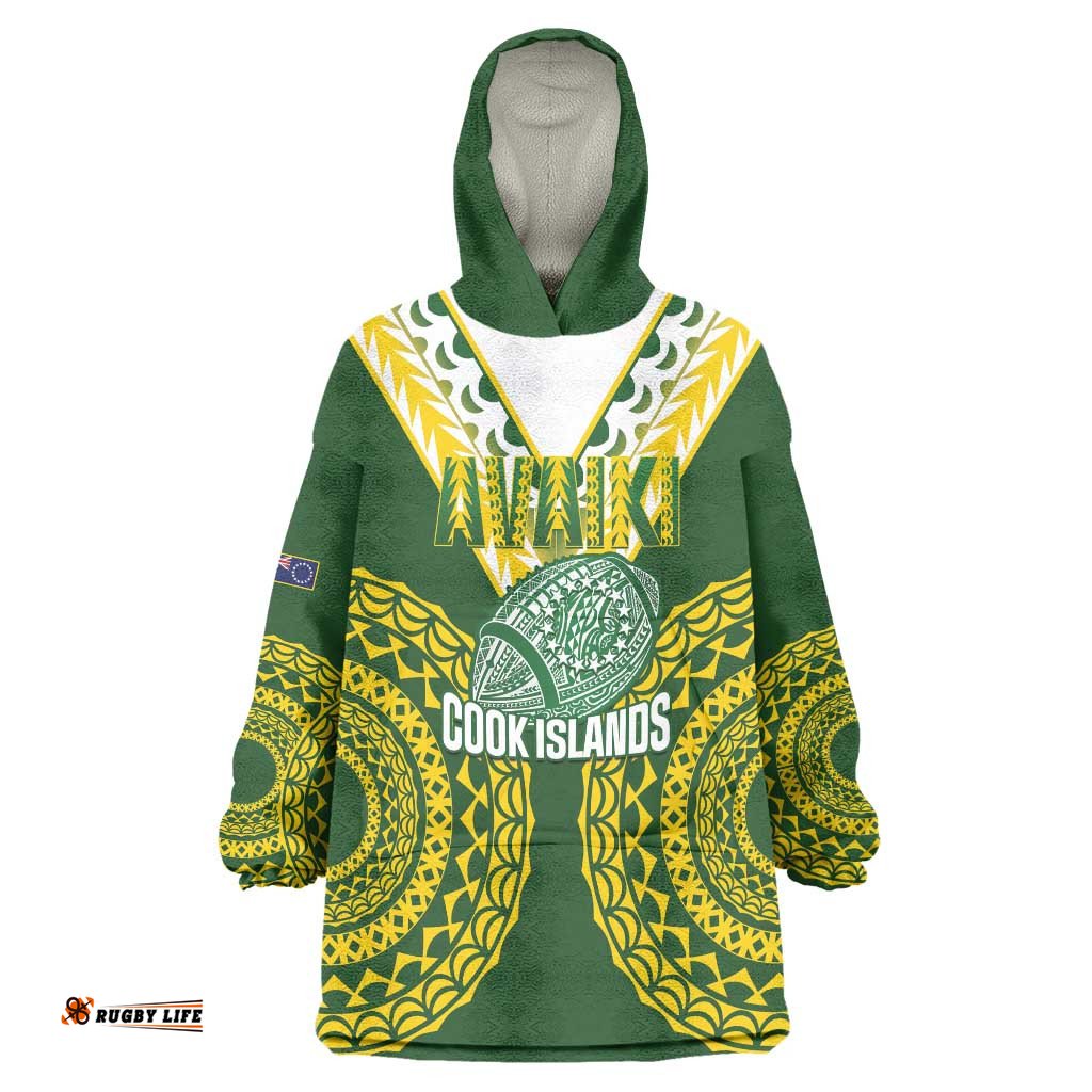 Custom Avaiki Cook Islands Rugby Wearable Blanket Hoodie Kuki Airani Tatau Green LT14