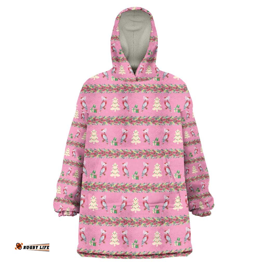 Australia Pink Galah Christmas Wearable Blanket Hoodie Eolophus Roseicapilla Bottlebrush Seamless LT14