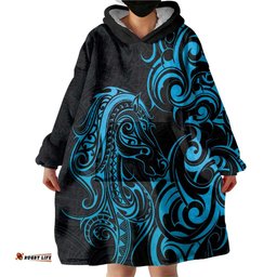 Blue Aoteara Horse Racing Wearable Blanket Hoodie NZ Maori Pattern LT14