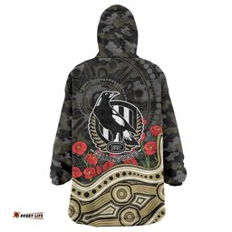 Collingwood Magpies ANZAC Day Wearable Blanket Hoodie Indigenous Dot Art with Poppy Flower Tribute TS04