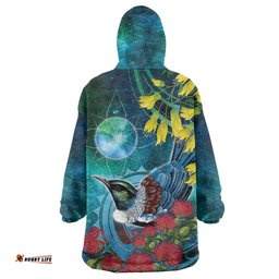 New Zealand Tui Bird Wearable Blanket Hoodie Maori Koru With Pohutukawa Galaxy Style LT05