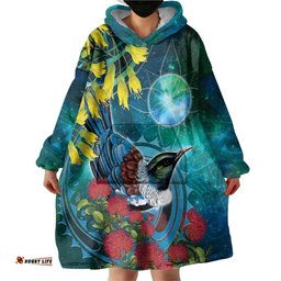 New Zealand Tui Bird Wearable Blanket Hoodie Maori Koru With Pohutukawa Galaxy Style LT05
