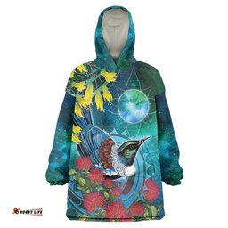 New Zealand Tui Bird Wearable Blanket Hoodie Maori Koru With Pohutukawa Galaxy Style LT05