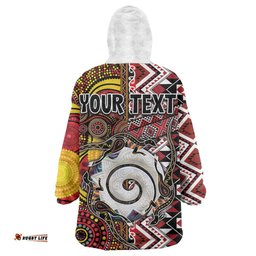 Personalised Aotearoa and Australia Together Wearable Blanket Hoodie Koru and Kangaroo - Taniko with Aboriginal Motif LT03